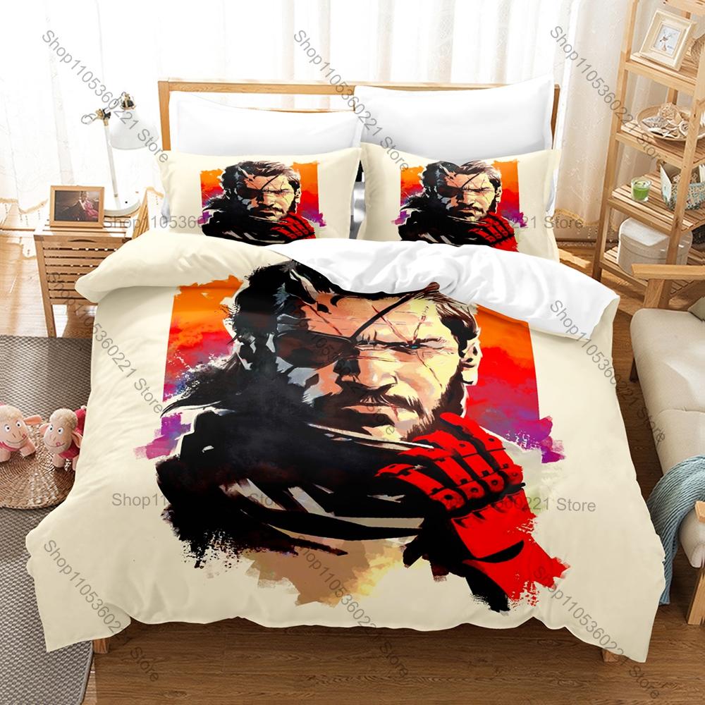 Metal Gear Solid Solid Snake Duvet Cover + 2 Pillowcases Camo Solid Snake Tactical Graphic 3Pcs Zipper Quilt Cover Retro Stealth