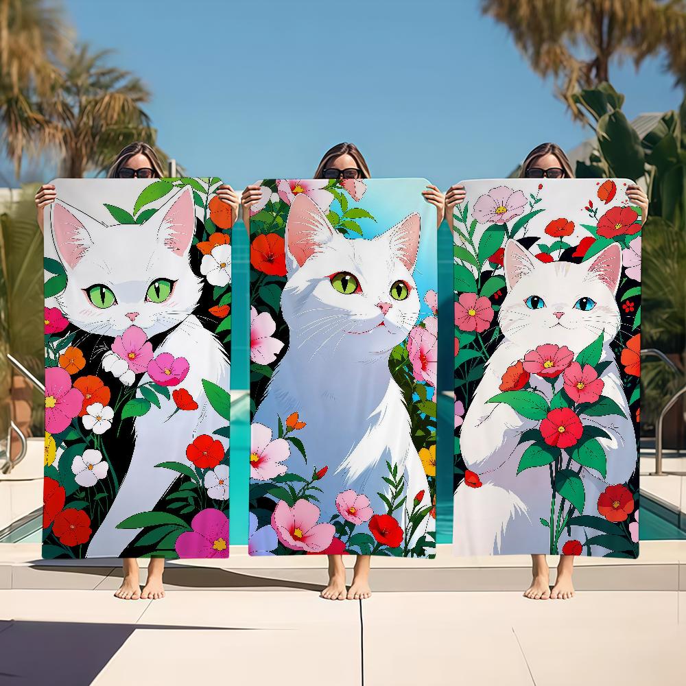 Towel Textile Flowers Bathrobe Beach Cat Surrounded Quick-Drying Adorable Lightweight Portable White Camping Swim Pool Travel