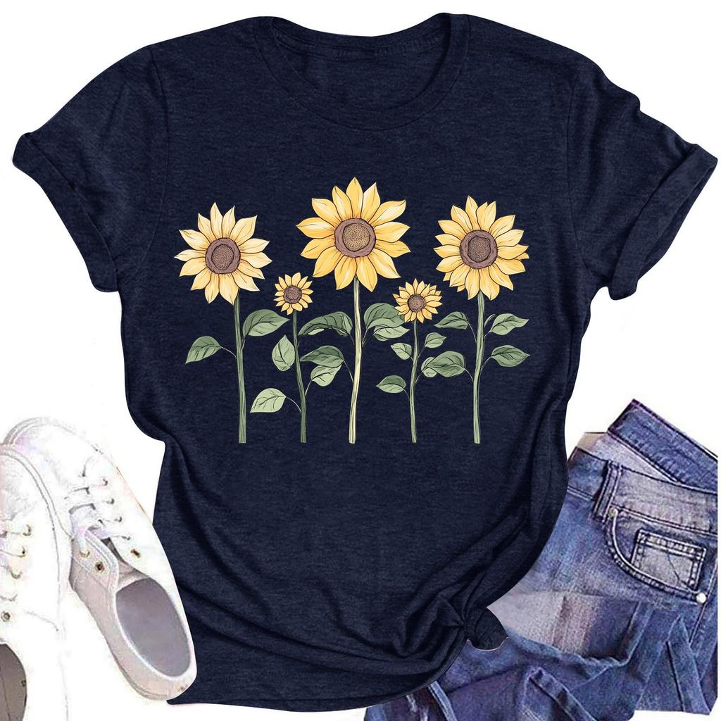 Женская повседневная футболка с круглым вырезом и цветочным принтом, короткий рукав