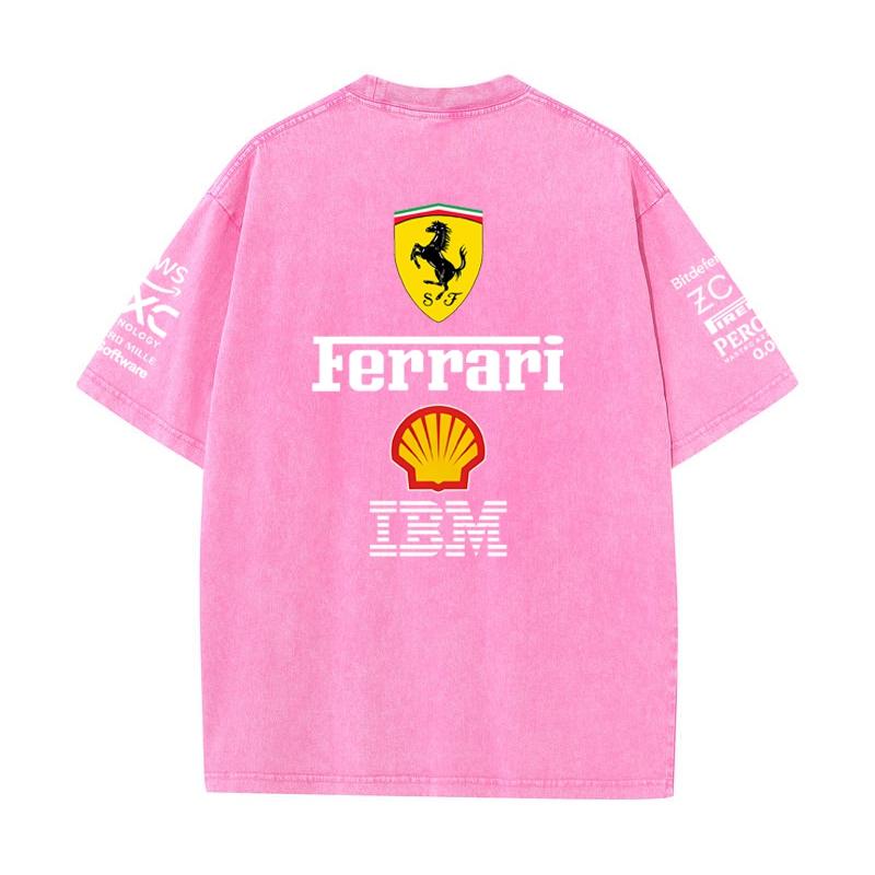 Винтажная стираная черная футболка Ferrari F1 Racing Оверсайз с коротким рукавом Ретро Логотип спонсора автоспорта Печать Повседневная уличная одежда Свободный топ