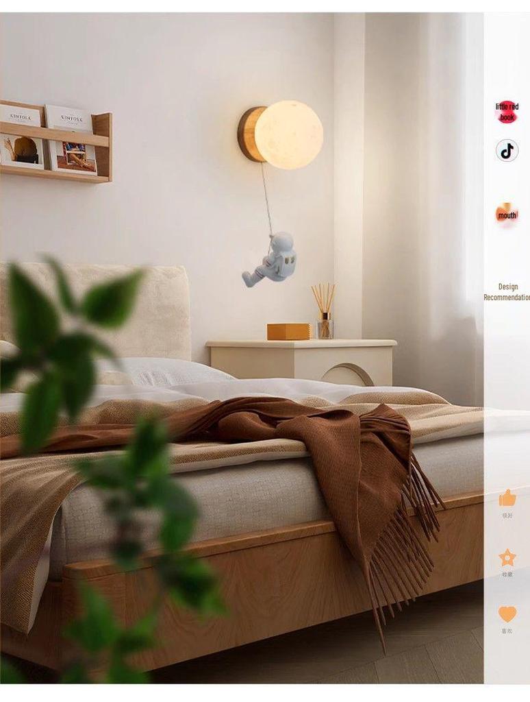 Nordic Moon Astronaut Wall Light for Kids' Rooms - Creative Cartoon Bedside Lamp for Boys and Girls.
