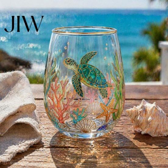 Unique Aesthetic Water Juice Whiskey Tumbler Ocean-Themed Glass Cup, Jellyfish/Dolphins/Sea Turtles/Octopus Hand-Painted, Thickened Drinking Versatile