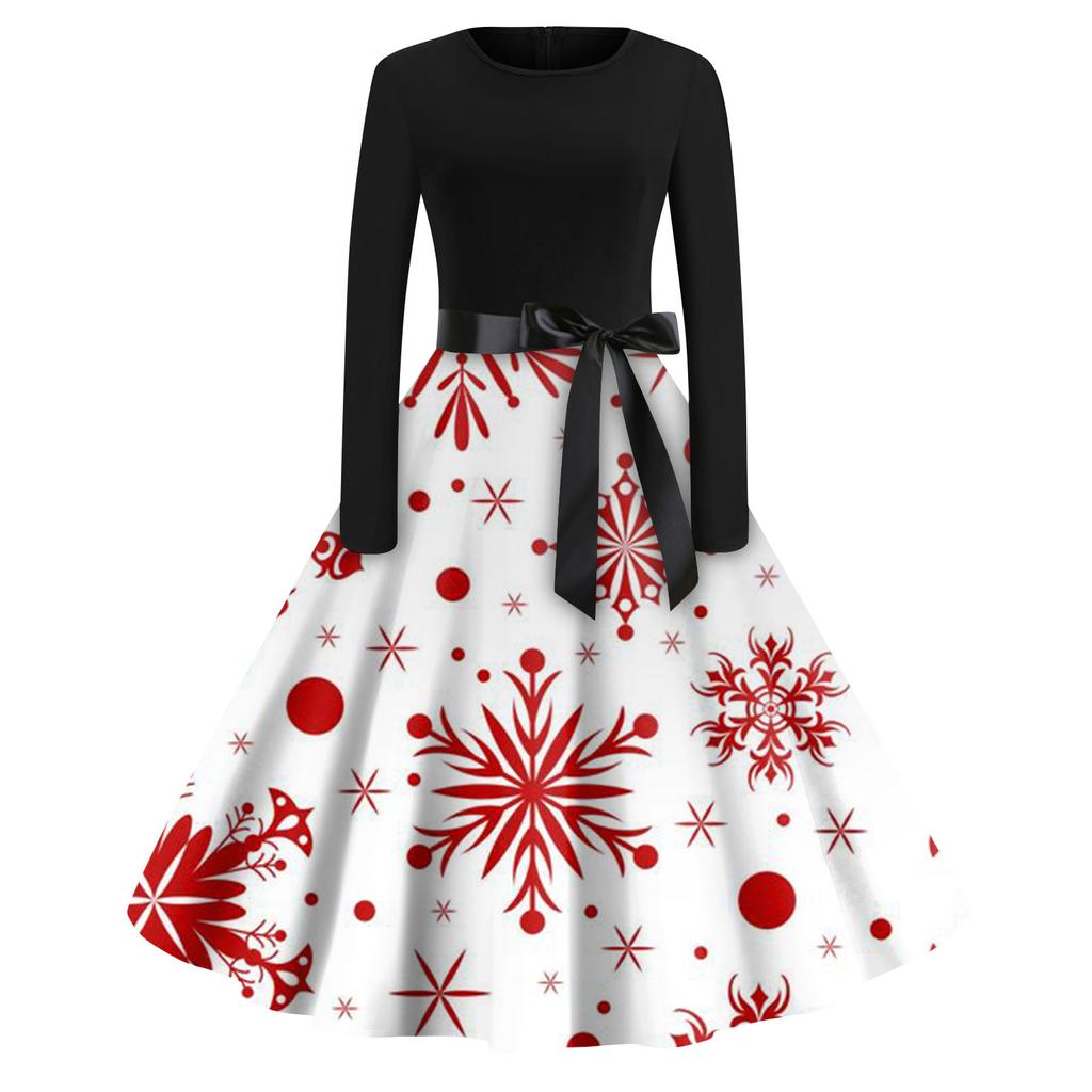Женская мода с круглым вырезом, повседневные тонкие рождественские платья с длинным рукавом и принтом