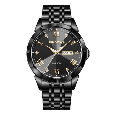Часы PINDOWS с бриллиантами, деловые, аналоговые, кварцевые, роскошные, водонепроницаемые, с подсветкой, двухцветный браслет из нержавеющей стали, классические, модные, мужские