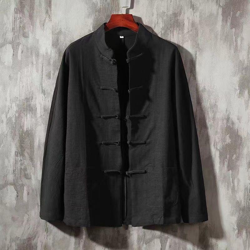 Мужская рубашка в стиле ретро из хлопка и льна с длинным рукавом и воротником-стойкой в китайском стиле