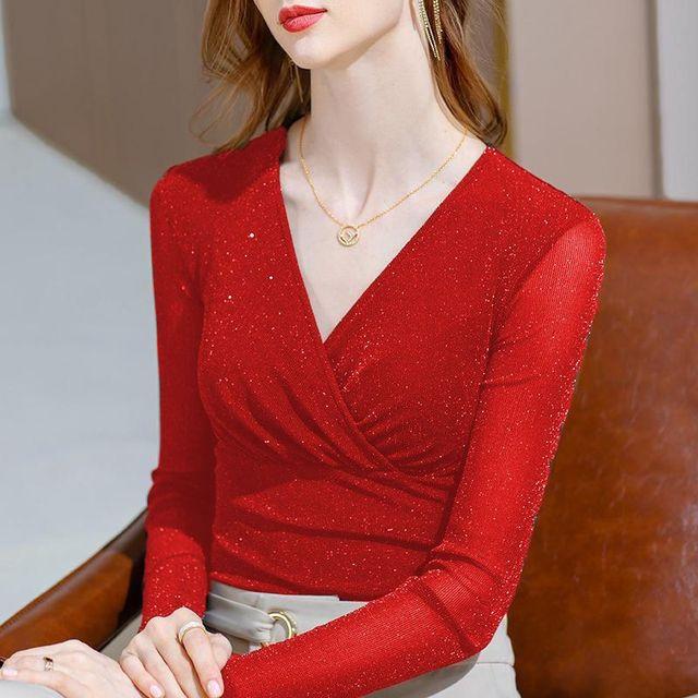 Новая яркая шелковая сетчатая футболка женская с длинными рукавами рубашка весна-осень бант на талии V-образный вырез пуловеры топ