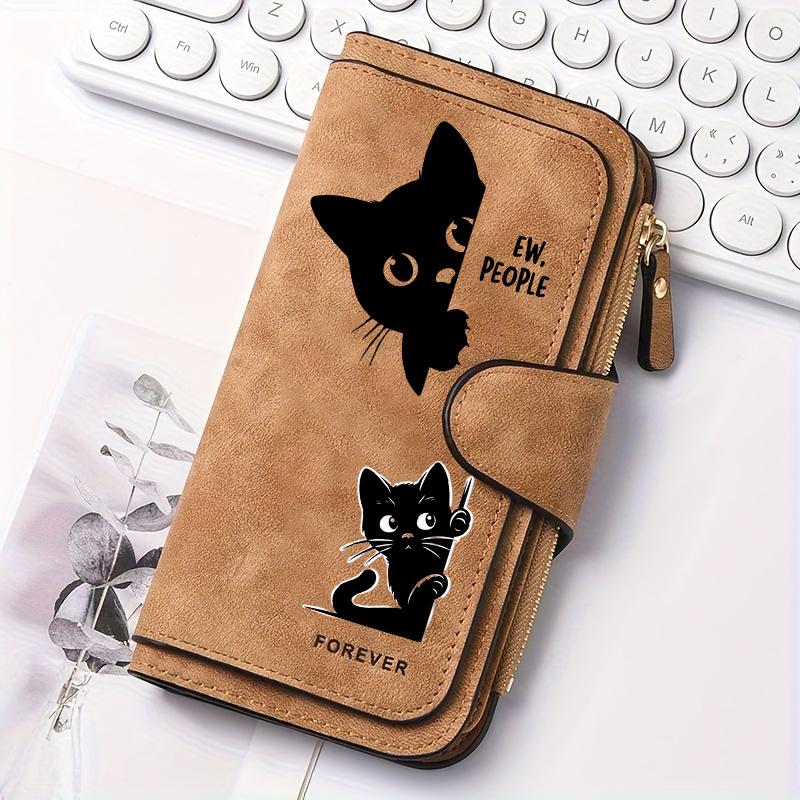 Elegant Black Striped Cat Print Womens Long Wallet Multifunctional Snap Button Coin Purse Minimalist Lined Interior Handwash Care Outdoor Travel Home