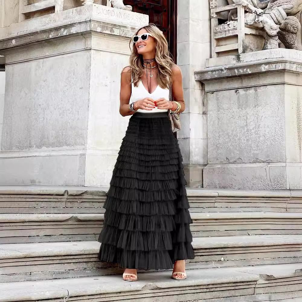Mexh Long Skirt Women Vintage Summer Spring Ball Gown Ruffles Elegant Solid Color Party Club White Black Maxi Skirts Clothes