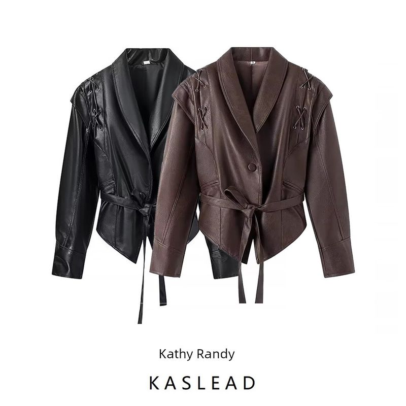 Kaslead New Arrival Women's Clothing Fashion Style Fashion Casual Easiest for Match Coffee Brown Leather Coat