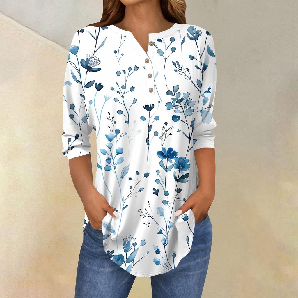 Рубашки с рукавом 3/4 для женщин, модные, повседневные, с круглым вырезом, с принтом, футболка, топ