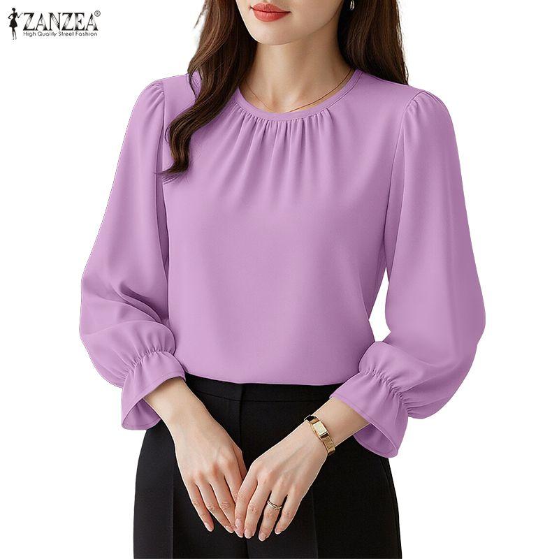 ZANZEA Women Casual Round Neck Loose Long Sleeve Plain Blouse