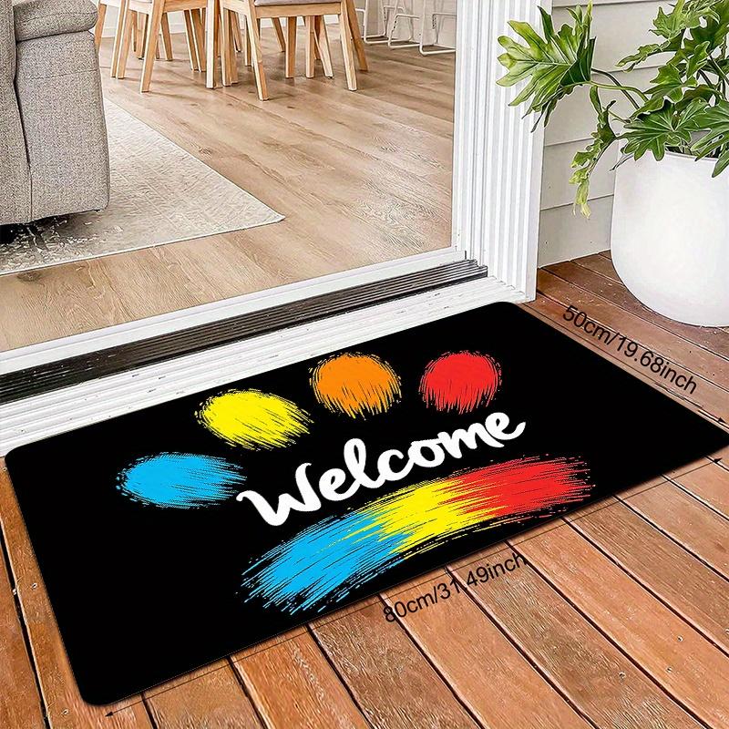 Graffiti “Welcome” Doormat – Paw Print, Cursive Script on Black, Colorful Splatter Design, Polyester, Dry Clean Only