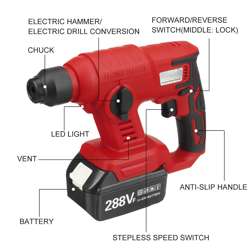 288VF Red Rechargeable Electric Impact Drill Rotary Hammer Cordless Brushles Hammer Electric Drill Tool