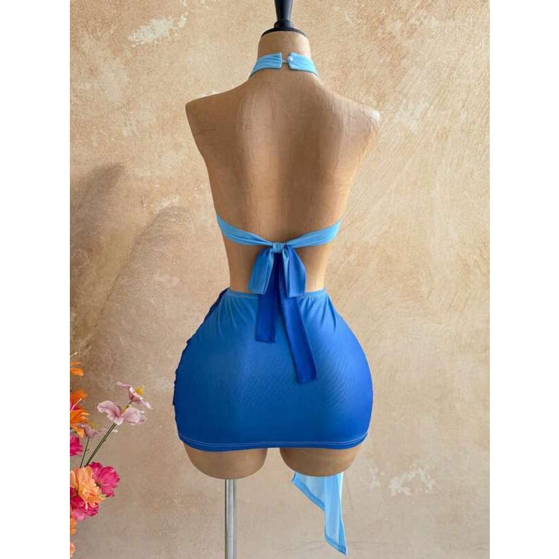 Summer Sexy High Neck Halter Mini Dress Starfish Decor Cut Out Waist Ruched Draped Tie Bodycon Vacation Beach Party Short Dress for Date Night Wear