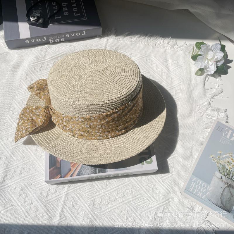 French flat hat straw hat women's summer seaside play beach hat top hat floral with sun protection hat