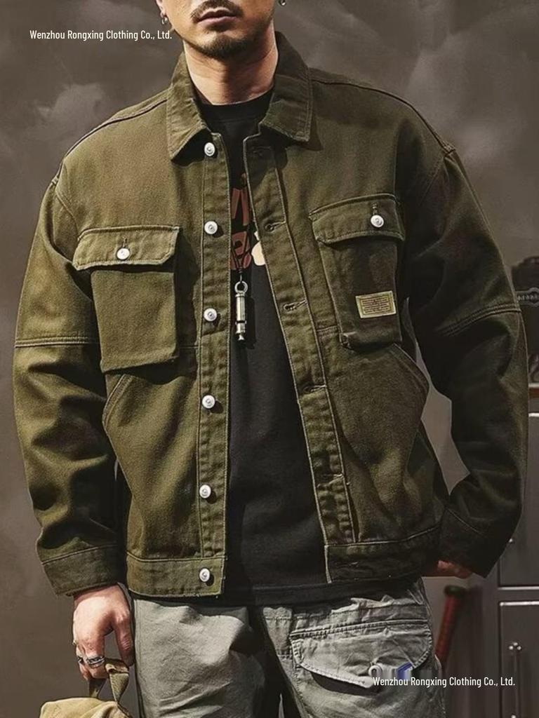 Men's Retro Heavyweight Denim Hunting Workwear Jacket - Loose Fit for Spring and Autumn