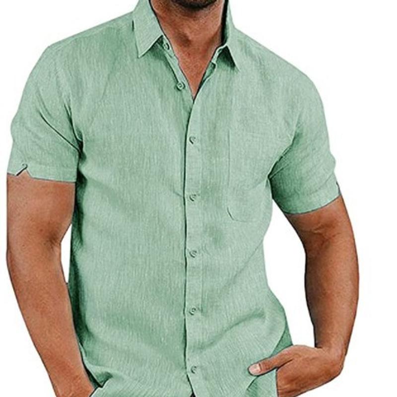 Summer Lapel Solid Color Short Sleeve Button Up Men Linen Shirt Plus Size Men's Tops