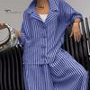 Women's Casual Suit Long-Sleeved Shirt Top Wide-Leg Harem Pant 2-piece Set Autumn Lapel Striped Nine-Point Pant Female Outfit Suit
