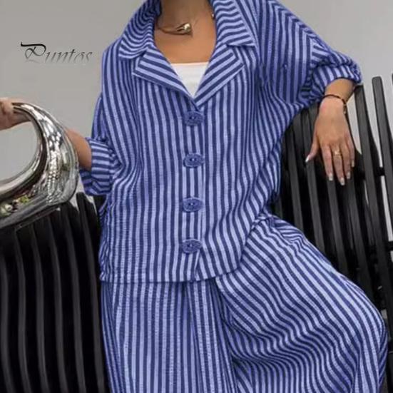 Women's Casual Suit Long-Sleeved Shirt Top Wide-Leg Harem Pant 2-piece Set Autumn Lapel Striped Nine-Point Pant Female Outfit Suit