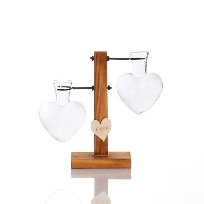 Creative “Love”-Shaped Hydroponic Glass Vase — Wooden Living Room Flower Arrangement Decor Set, for Fresh or Dried Plants, Trans