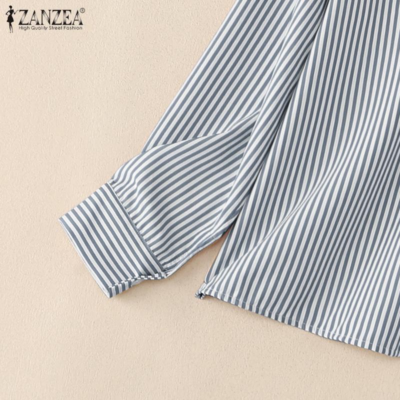 ZANZEA Женская повседневная блузка в полоску с отложным воротником и свободными длинными рукавами