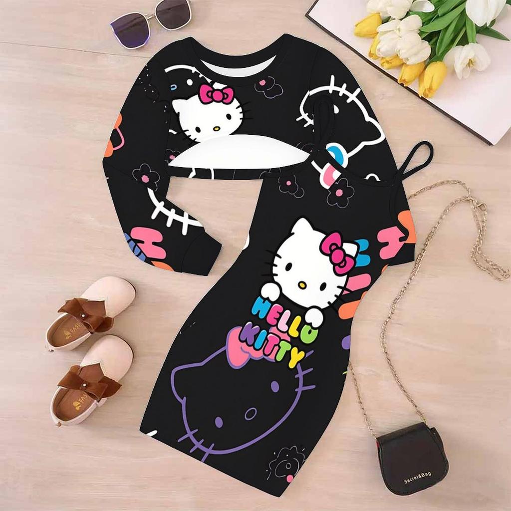 Girls Cartoon 2 Piece Outfits, Long Sleeve Crop Top + Spaghetti Strap Bodycon Dress, Collage Cute Cartoon Print Party Dress Set