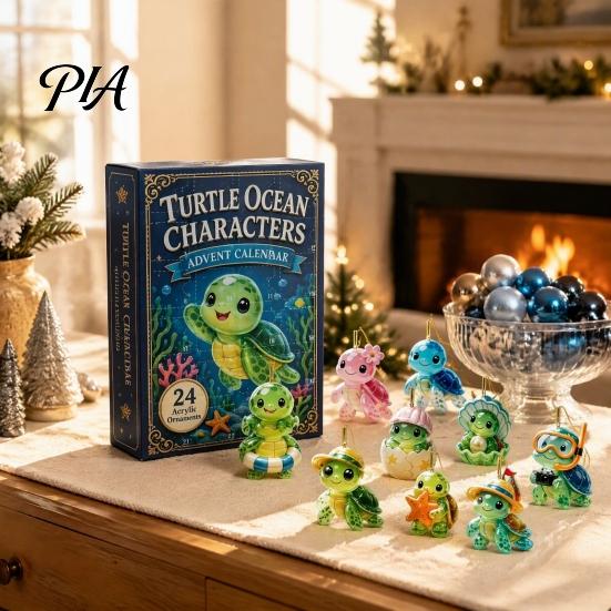 Christmas Countdown Blind Box 24 Days Turtle Advent Calendar, Ocean Box, Acrylic Creative Holiday Party Favors Animal Hanging Pendants for Tree