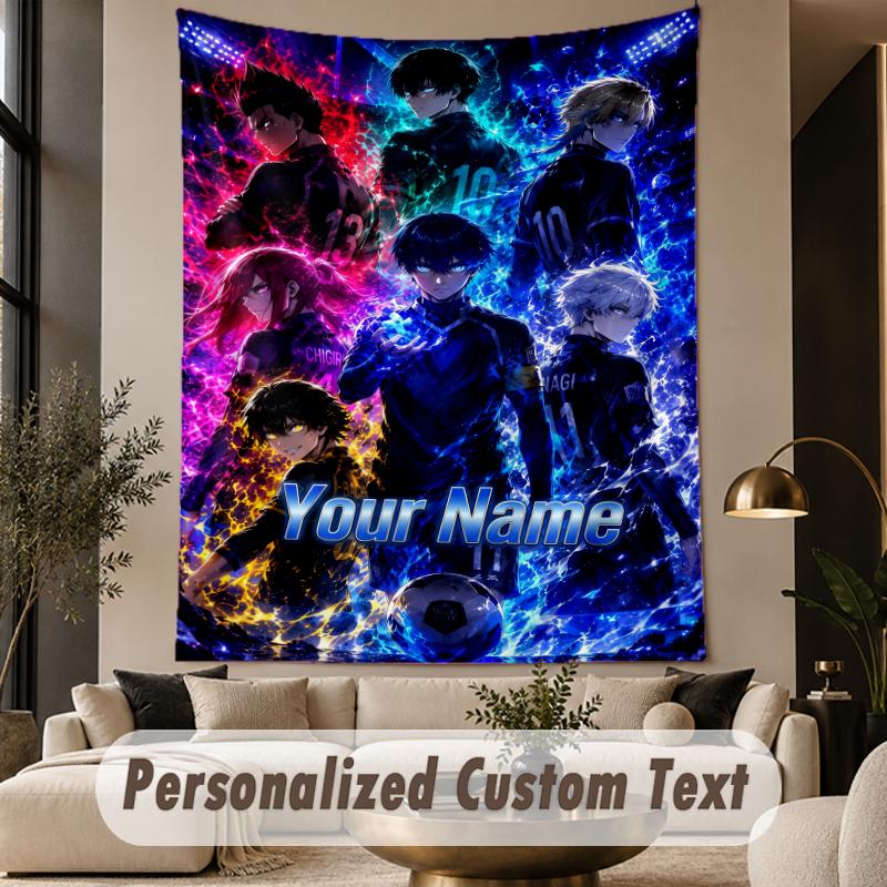 Custom Text Printed Tapestry Blue Lock Pattern Large Wall Hanging Indoor Room Decor
