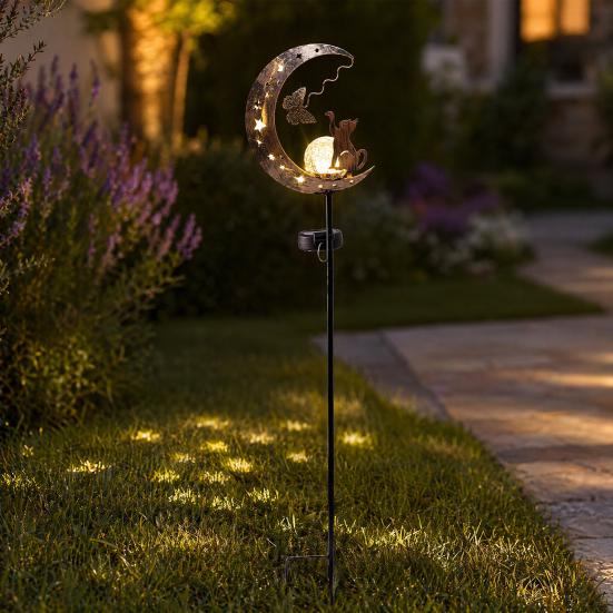 Solar Garden Light, Waterproof Metal Cat Butterfly Moon Pathway Stake Light for Yard, Lawn, Patio, Outside Decor