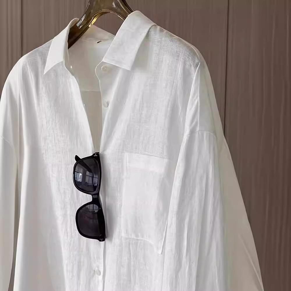 White Sunscreen Cotton and Linen Long-sleeved Shirt Jacket Women's Summer Thin Cardigan with Linen Shirt Top Spring and Autumn