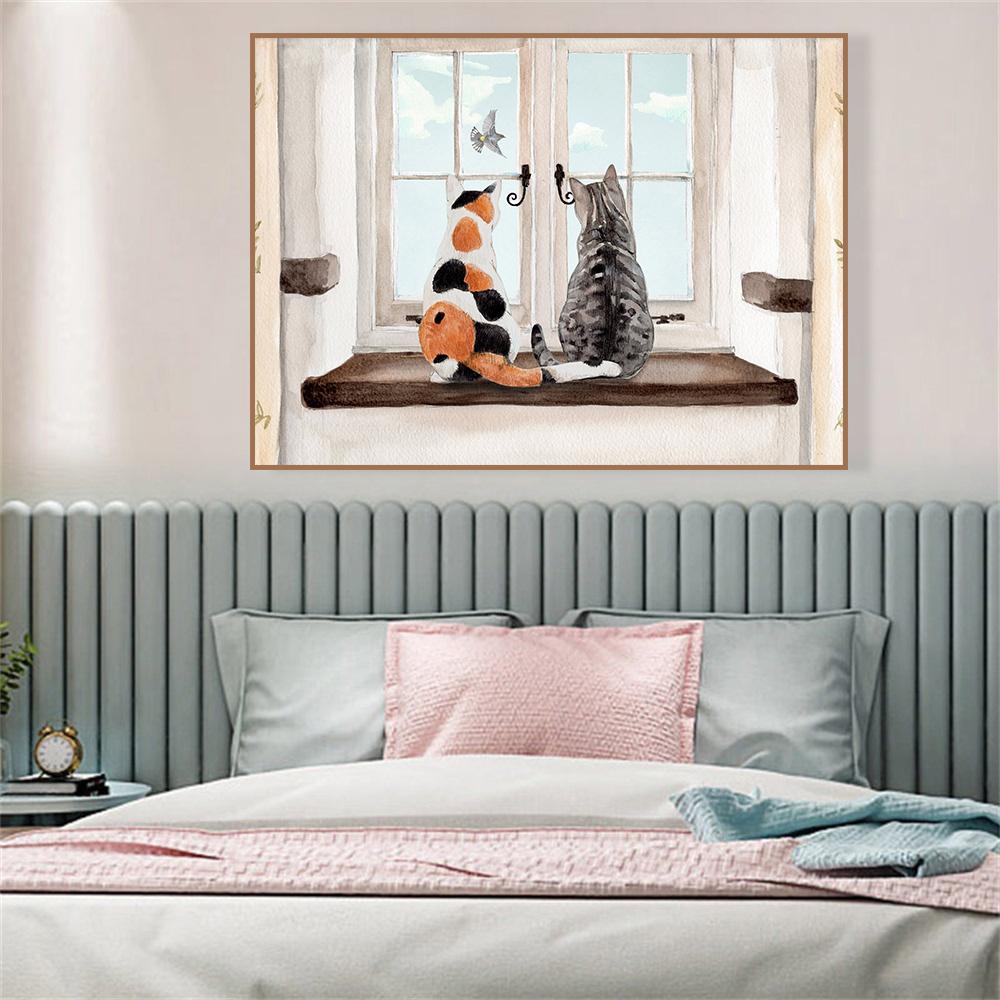 Window Cats Cartoon Painting Canvas Print Modern Wall Animal Art Poster Warm Picture for Lovers Living Room Home Decor Cuadros