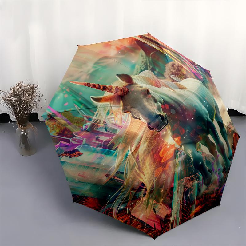 Unicorn Fantasy Theme 8 Bone Hand Automatic Folding Fashion umbrella, Compact and Portable Design, A Perfect Gift for Birthday, Christmas or