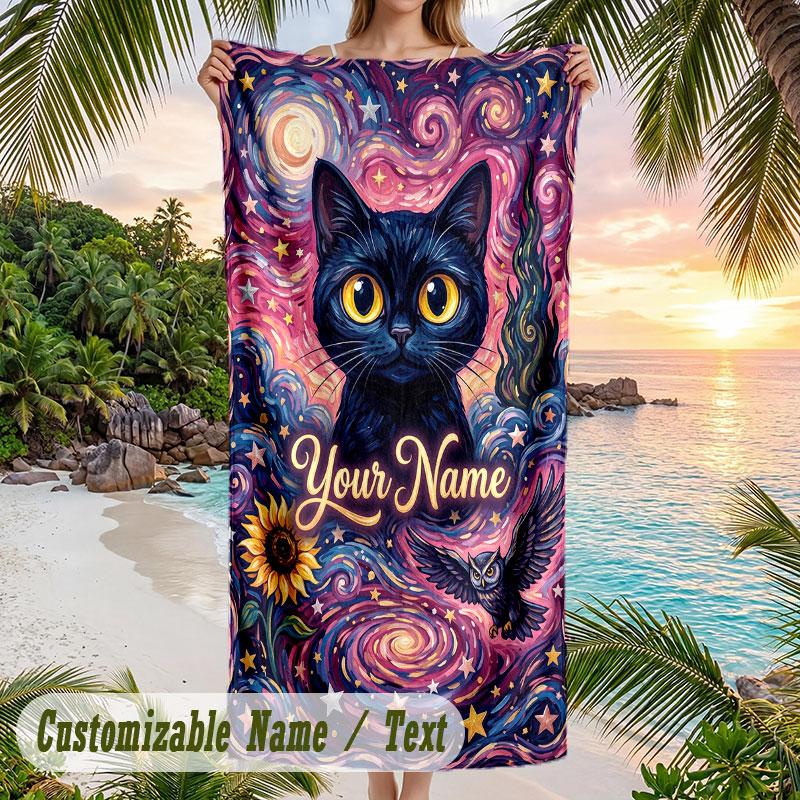 Cosmic Cat Dreamscape 5 Theme Quick Dry Beach Towel Custom Name Text Print Large Sand Resistant Towel Beach Vacation