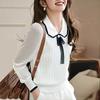 Spring and Autumn Lapel Bow Knitted Sweater Women's Top