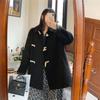 Black Woolen Coat Women's Autumn and Winter New Korean Version Loose Temperament Cow Horn Button Medium Long Woolen Coat
