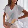 Summer V-neck 3D Feather Printed Top Extremely Simple Style Fashionable Casual Short Sleeved Women's T-shirts