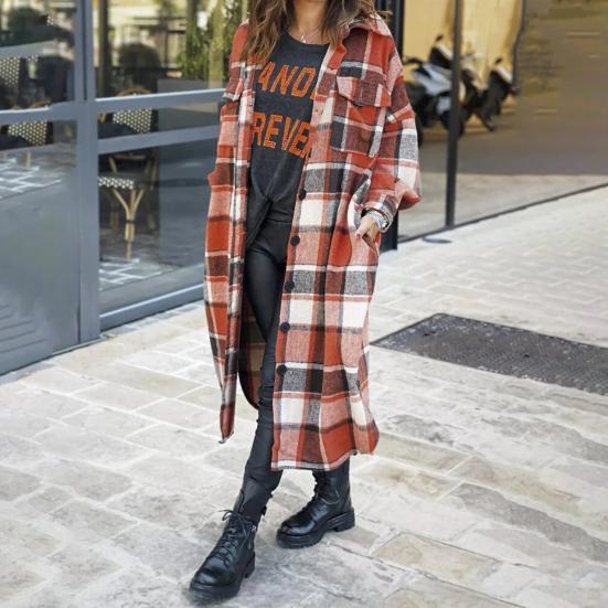Autumn Winter Lady Coat Shirt Type Plaid Print Single-breasted Turn-down Collar with Chest Pockets Slit Hem Loose Mid Length Daily