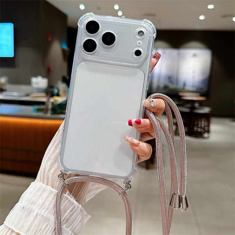 Чехол-кошелек на шею с ремешком, противоударный чехол для iphone 17 Air 16 16E 15 14 13 12 11 Pro Max Plus, силиконовый, мягкий ТПУ, прозрачная задняя крышка