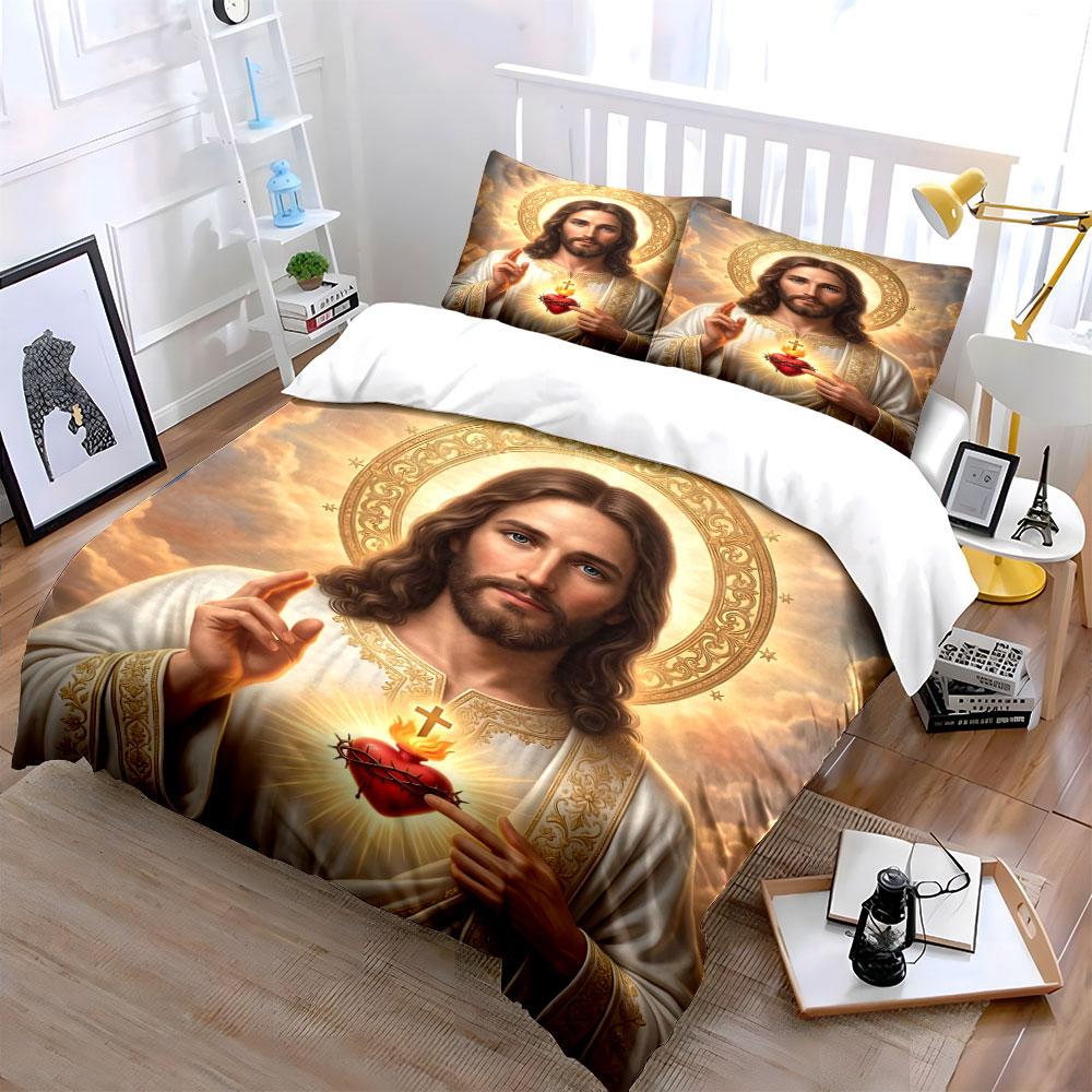 Sacred Heart with Glorious Christ Image Print Bedding Set 1 Duvet Cover 2 Pillowcases for Adult and Children Luxury Gift