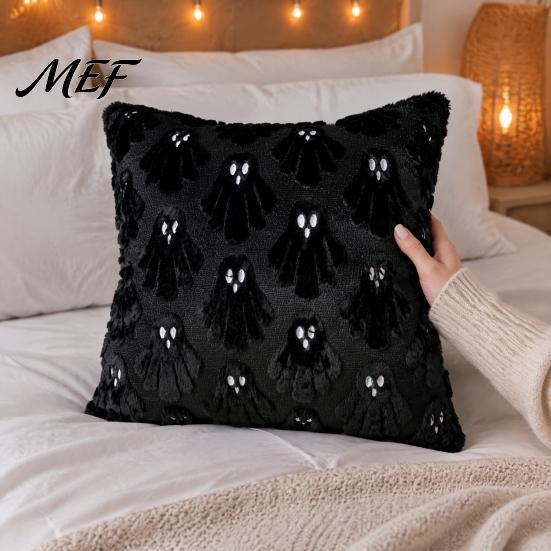 Soft Plush Decorative Cushion Cases Halloween Ghost Cover, Fuzzy Throw Pillow 18x18 Inch Seasonal Bedroom Accessories Washable Case for Sofa