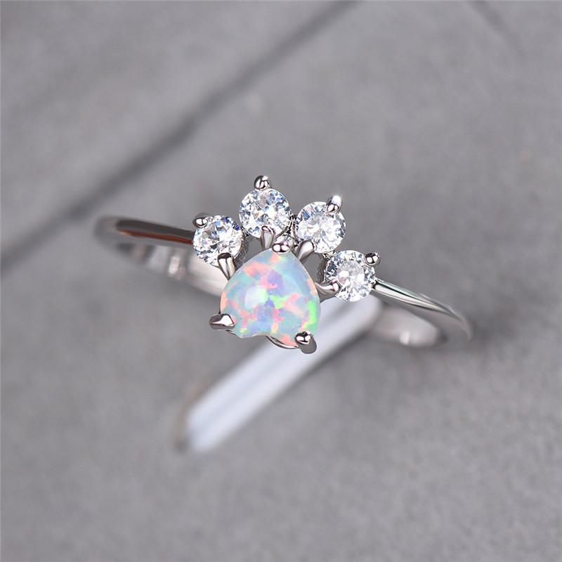 Милые кольца с когтями в виде кошачьей и собачьей лапы для женщин, обручальные кольца с камнем в форме сердца, серебряные цветные кольца, размер ювелирных изделий 6-10