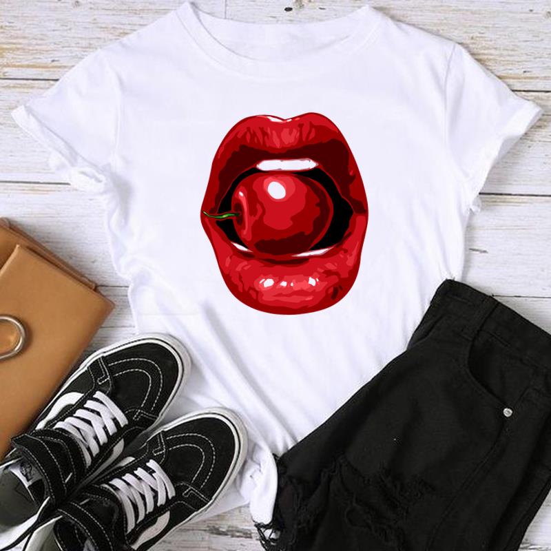 (Asian Size) Fashion Lip Watercolor Style 90s Trend Sweet Print Graphic Tee Female Casual T Clothing Casual Women's Top Short Sleeve T-shirt
