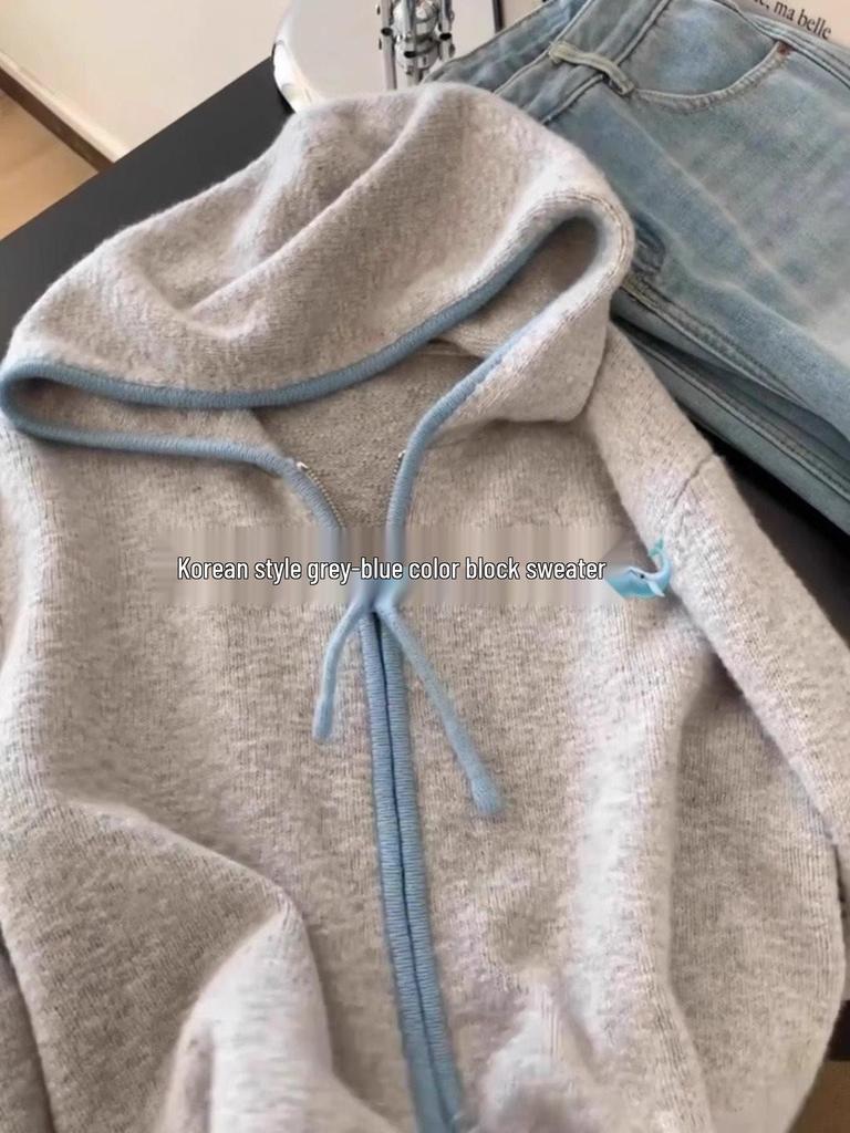 Женский вязаный кардиган с капюшоном - 2025 Осень/Зима Colorblock на молнии Повседневный свитер