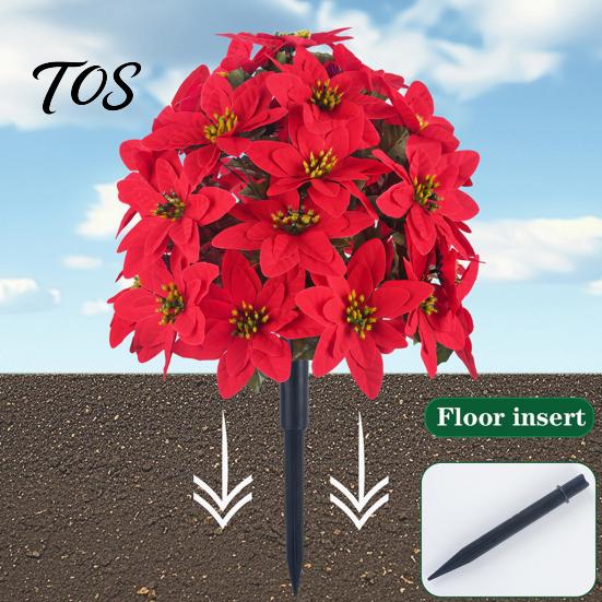 Lifelike Christmas Blooms Artificial Poinsettia Flower Ornaments, Realistic Decorations, Fake Decorative Holiday Flowers with Stake for Party Supplies