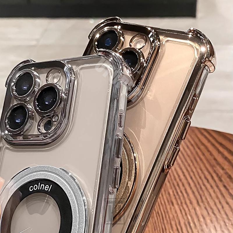 Luxury Shockproof Plating Soft TPU Bracket Phone Case for iPhone 16 15 14 13 11 12 Pro Max Plus Magsafe Magnetic Protect Cover