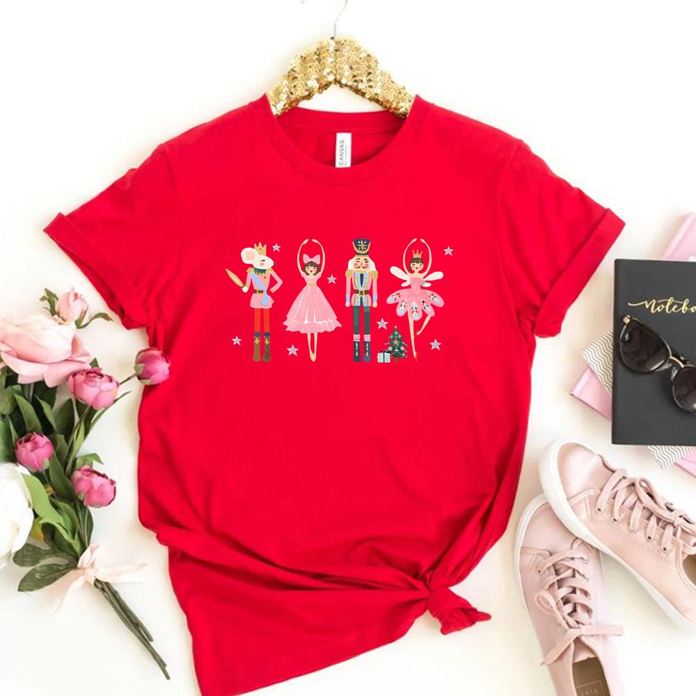 Christmas Nutcracker Tshirt Ballerina Shirt Pink Christmas Tshirt Unisex Women Xmas Printed Short Sleeves Tops Christmas Gifts