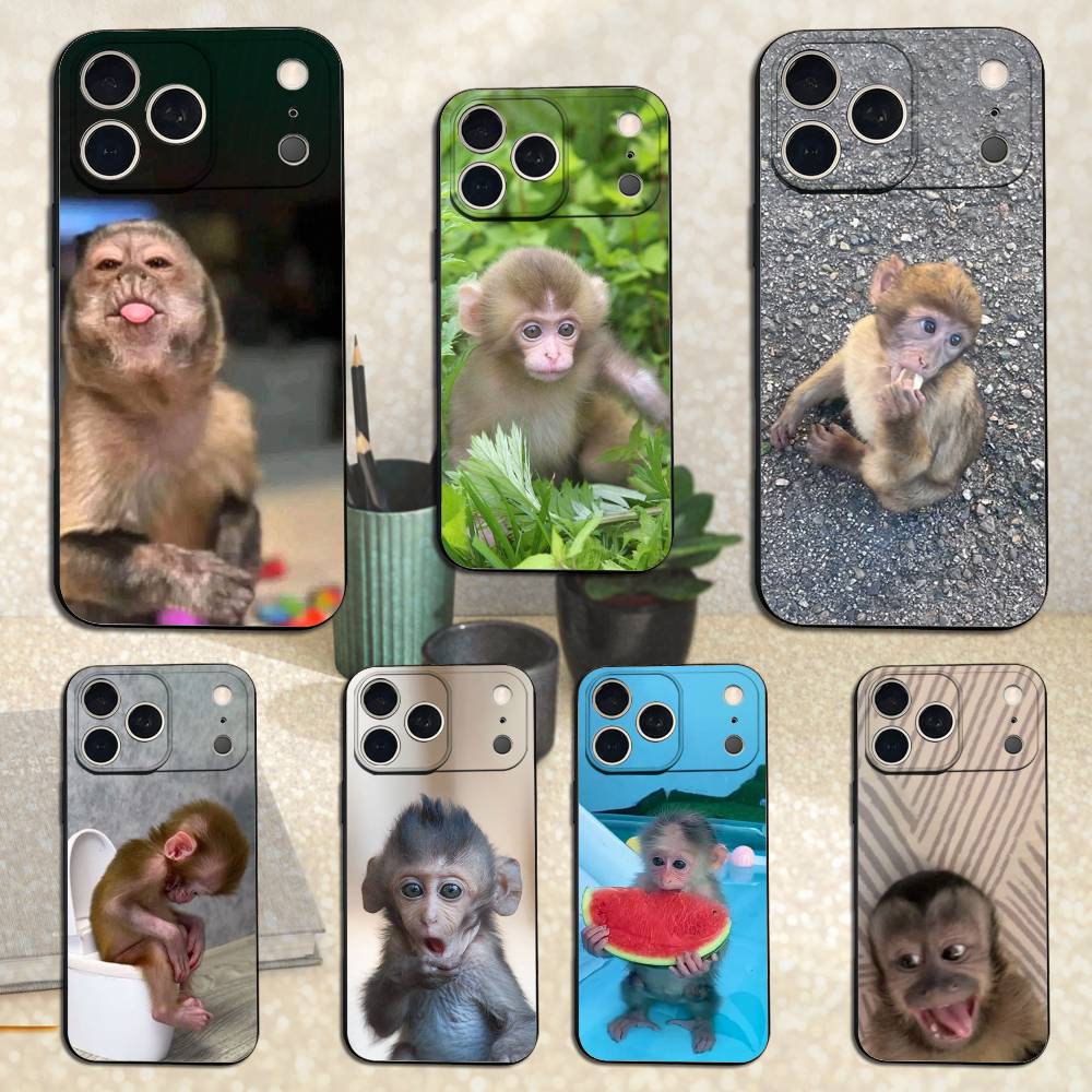 Милая забавная обезьянка для iPhone 12,14,13,15,8,7,16,11,17,X,Mini,Plus,Pro,XR,SE,XS,Max, Мягкий силиконовый черный чехол