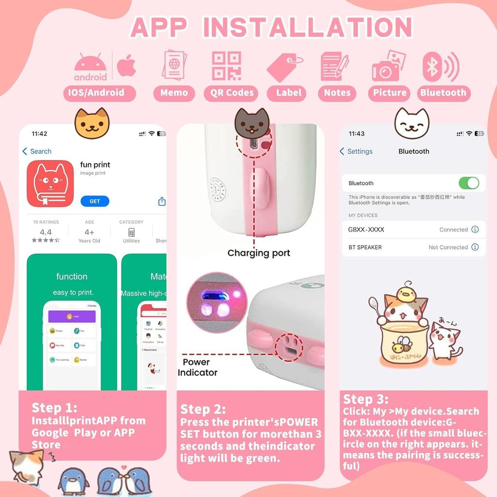 Мини-принтер, портативный бесчернильный термопринтер BT, разрешение 200 точек на дюйм, встроенная 1 рулон антипригарной термобумаги, лучший подарок для девочек или детей