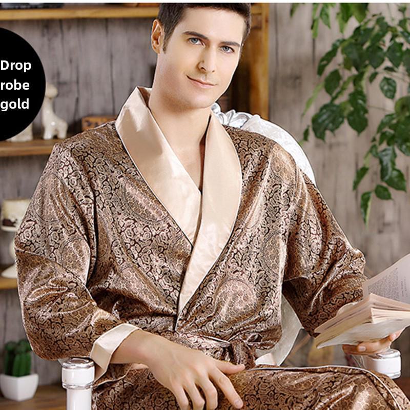 Men's Plus Size Long-Sleeve Silk-Like Summer Robe and Pajamas