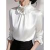Women ruffled stand collar satin three quarter sleeve shirt multi color slim fit rhinestone pearl brooch office elegant blouse